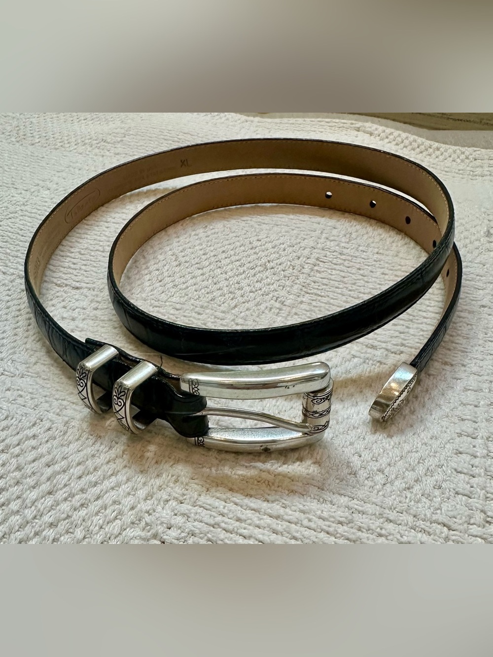 Talbots Black Leather Belt with Decorative Silver Buckle